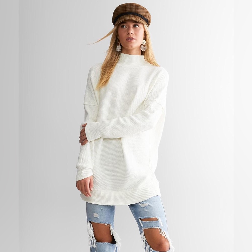FREE PEOPLE We The Free Casey Mock Neck Ribbed Tunic Top Off-White Cream Size XS